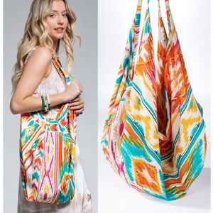 Boho Chic Beach Yoga Hobo Shoulder Bag - Multi Colored Abstract Ethnic Print